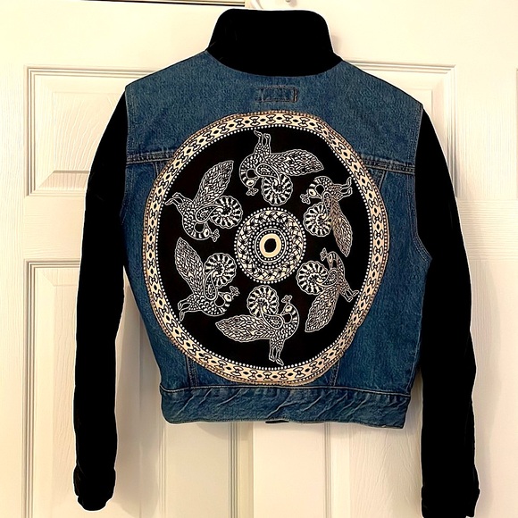 Vintage One-of-a-Kind Peacock Jean Jacket with Velvet Trim (S/XS, Match USA) - Picture 1 of 9
